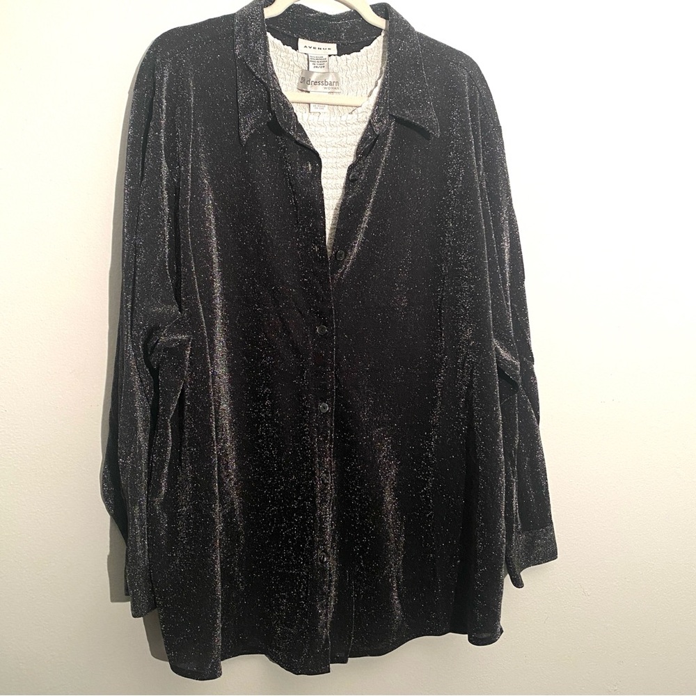 Avenue Black Metallic Button Front Knit Shirt Top Tunic 26/28 Long Sleeved Nice!